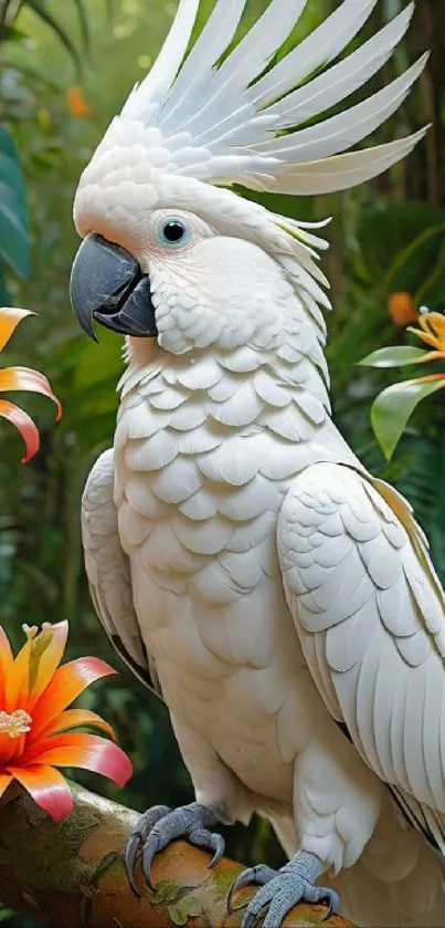 White cockatoo perched among tropical flowers and lush green foliage.