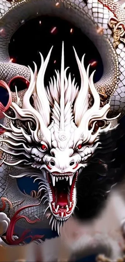 Intricate white dragon against a dark blue background, creating a mystical look.