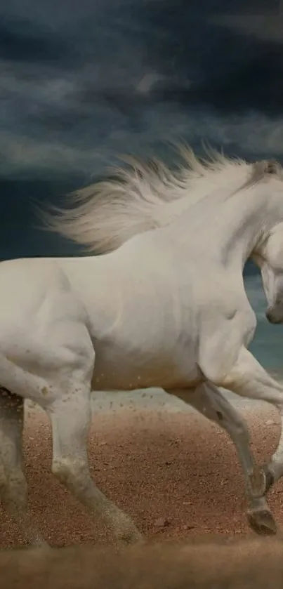 Majestic white horse running in desert landscape under cloudy sky.