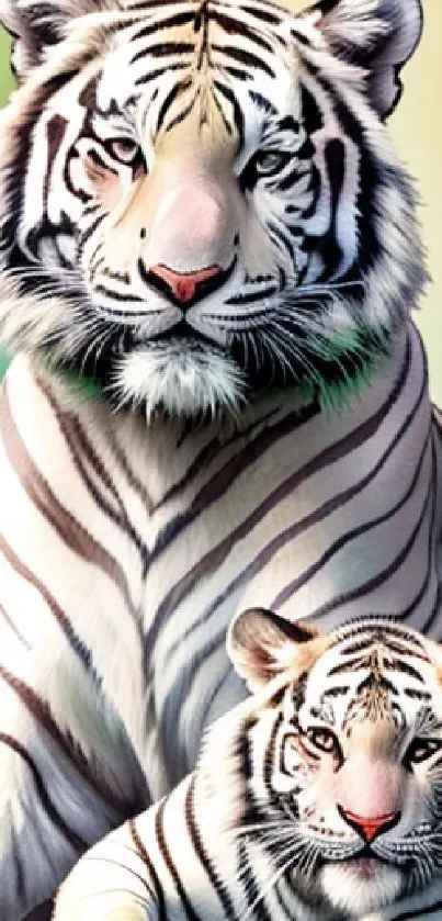 Majestic white tiger and cub on colorful gradient background.