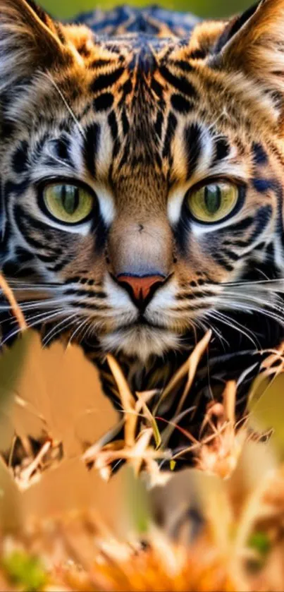 Close-up of a wild cat with vibrant eyes in natural surroundings.