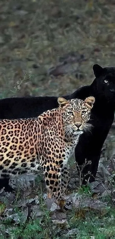 Black panther and leopard in forest wallpaper.