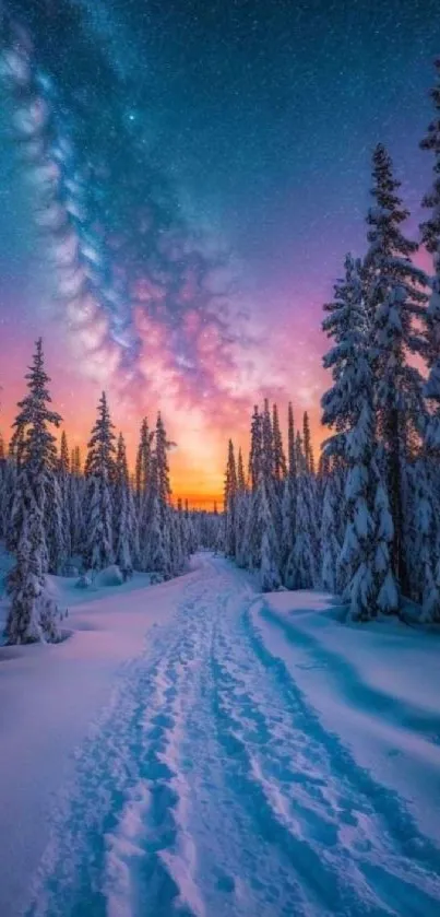 Winter landscape with Milky Way and snowy forest path.