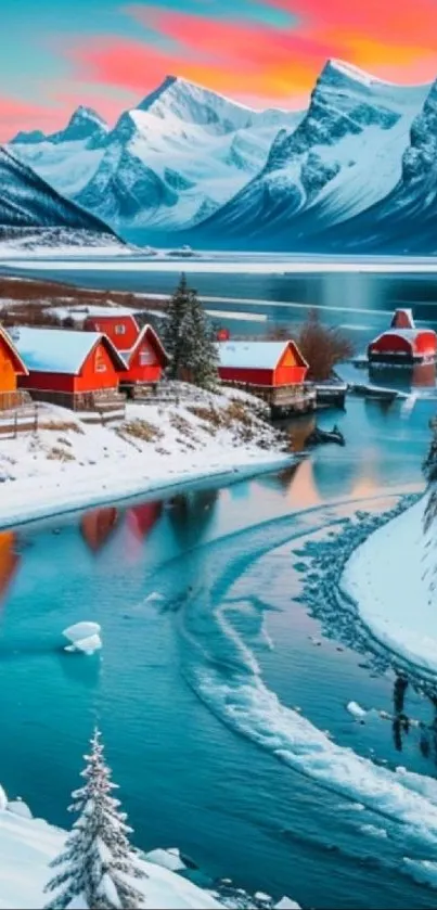 Snowy mountains and colorful cabins at sunset.