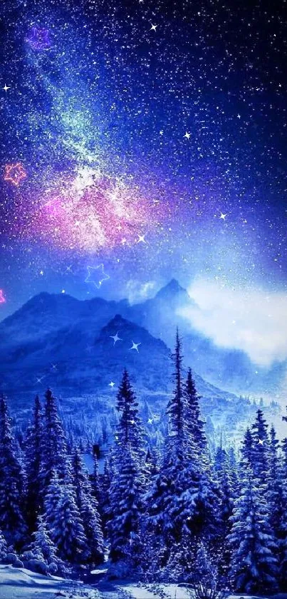 Winter night sky over snowy mountains and forest under stars.