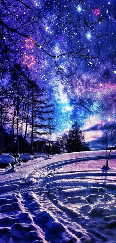 Vibrant winter nightscape with starry sky and snowy reflections.