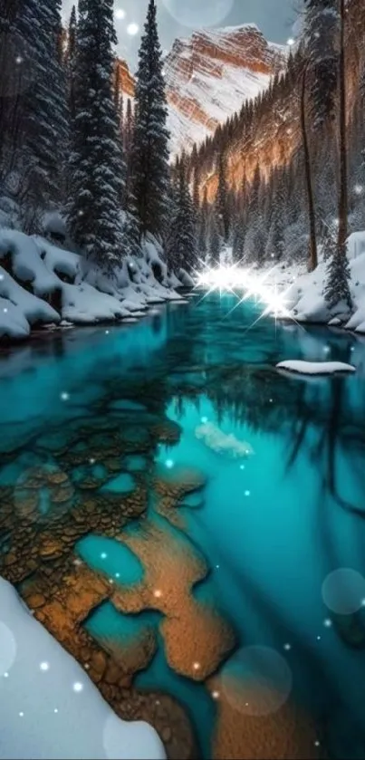 Stunning snowy landscape with teal river and mountain backdrop.