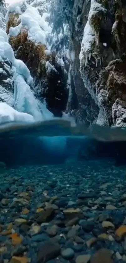 Stunning winter rockscape with icy cliffs and turquoise water.