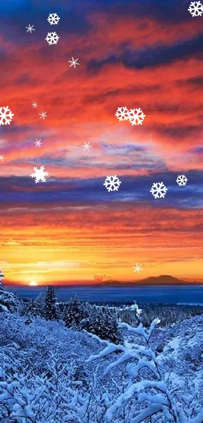 Breathtaking winter sunset over a snowy forest with vibrant colors.