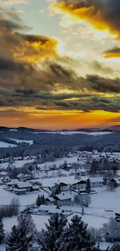 Winter village at sunset with vibrant sky.