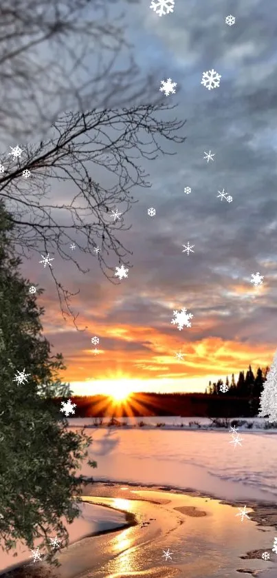 Breathtaking winter sunset over snowy landscape with vibrant sky reflection in river.