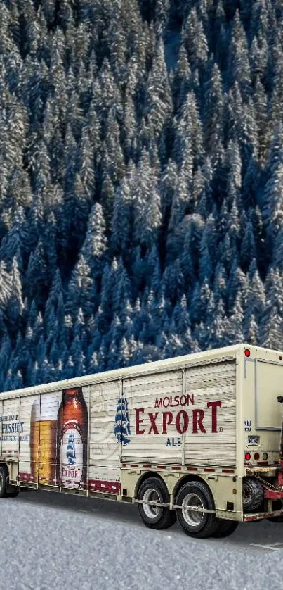 Molson Export truck on snowy road with pine forest background.