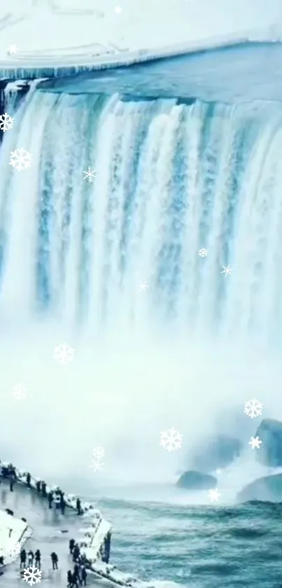 Serene winter waterfall with snowflakes.