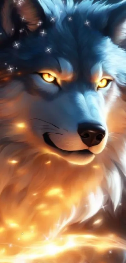 Majestic fantasy wolf with glowing eyes in a mystical setting.