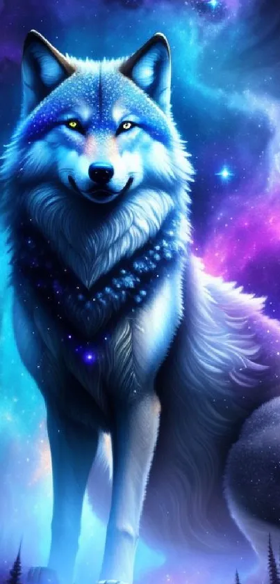 Stunning cosmic wolf in galaxy forest with vibrant colors.