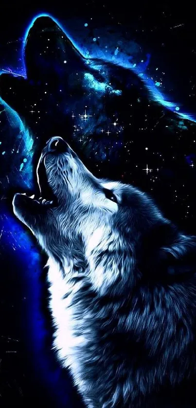 Majestic wolf howling at night sky with cosmic background.