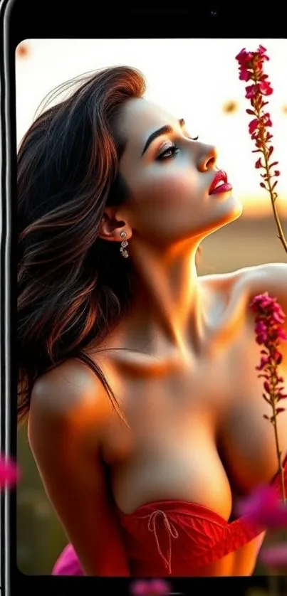 Woman posing with flowers in vibrant wallpaper.