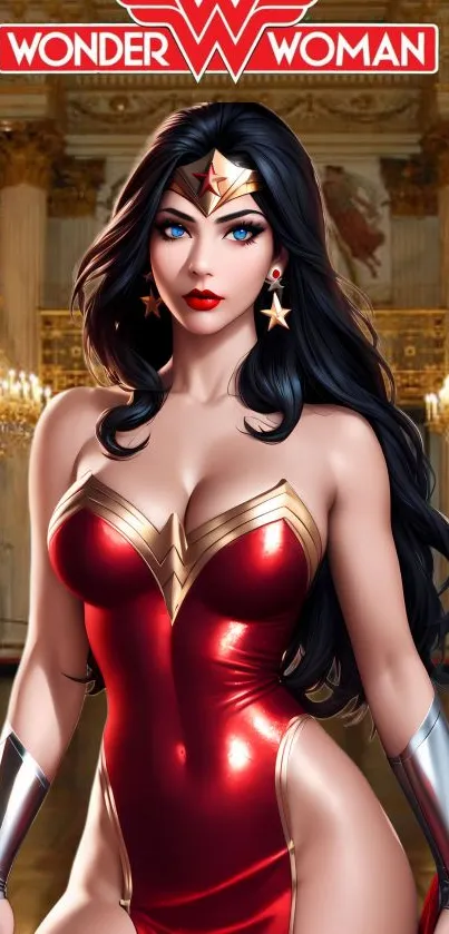 Wonder Woman in red costume mobile wallpaper.