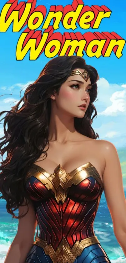 Dynamic Wonder Woman wallpaper with blue sky and ocean.