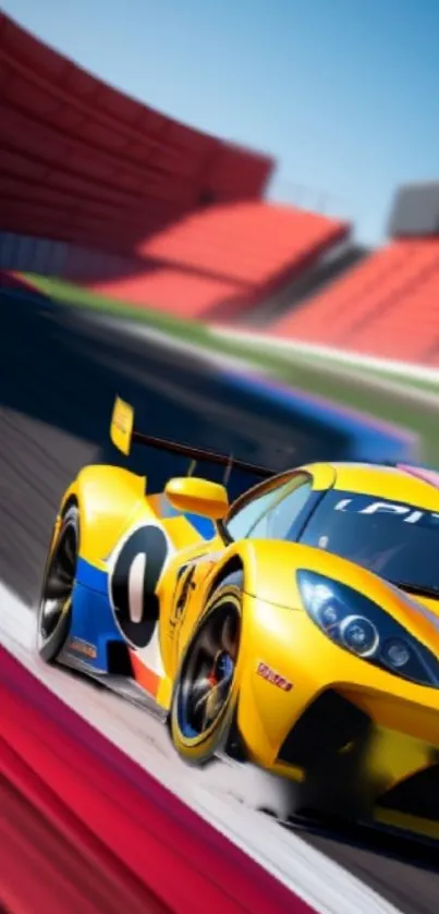 Yellow race car on track wallpaper with vibrant and dynamic design.