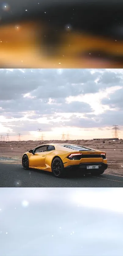 Yellow sports car driving along a desert road under dramatic skies.