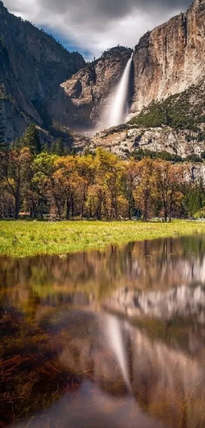 Yosemite waterfall reflecting in a serene landscape.