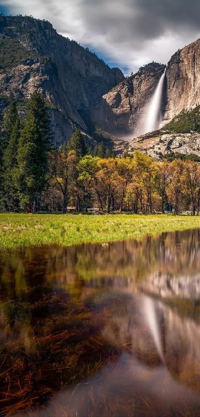 Yosemite waterfall reflecting in a serene landscape.