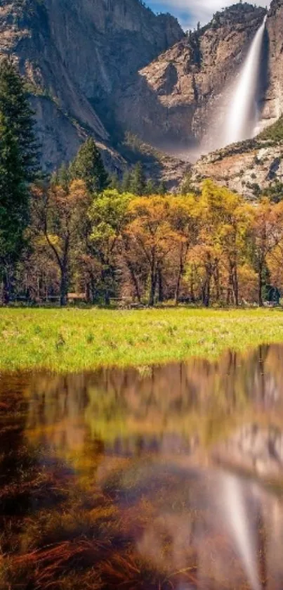 Yosemite waterfall and forest reflection mobile wallpaper.