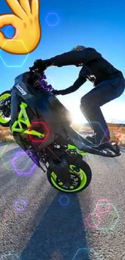 Stunt rider performing on a bike in the desert under blue skies.