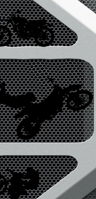 Stunt bikes silhouette on a metal grid wallpaper in gray tones.