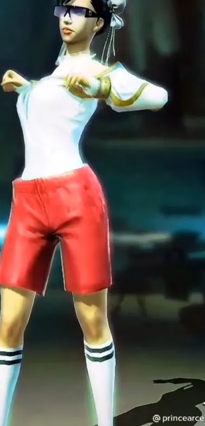 3D character in red shorts and white shirt, posing dynamically.