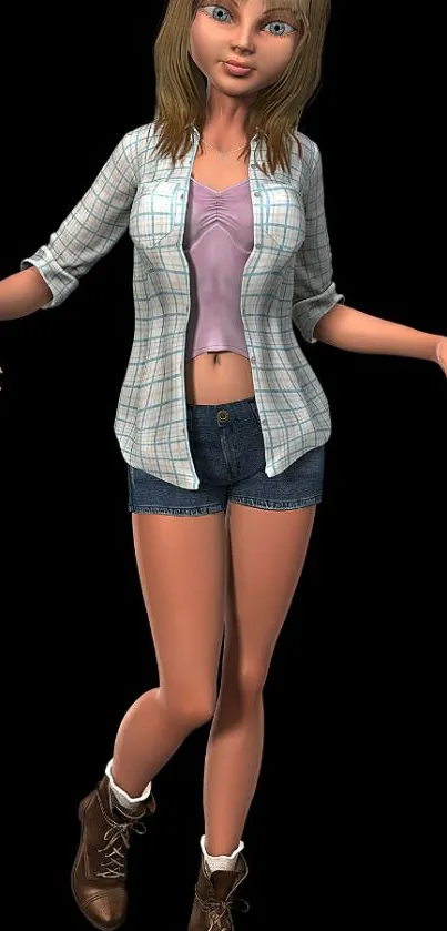 3D animated girl in casual style on black background.