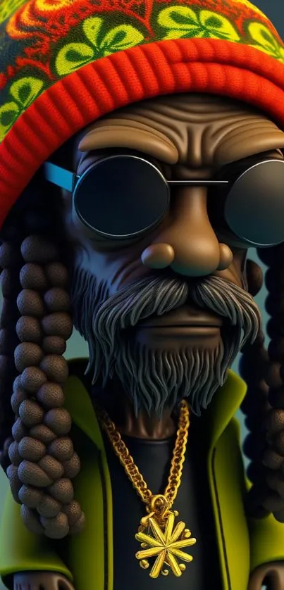 3D cartoon of a stylish Rasta with sunglasses and colorful hat.