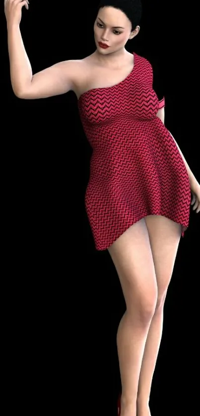 3D woman in a red dress on black background.