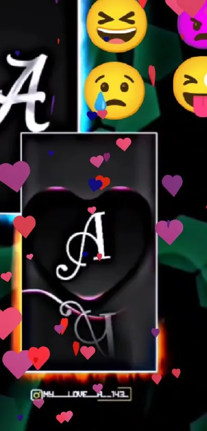 Letter A heart wallpaper with colorful accents and emojis.