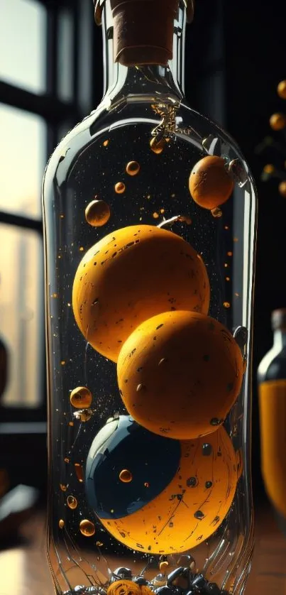 Abstract bottle art with vibrant orbs and moody lighting.