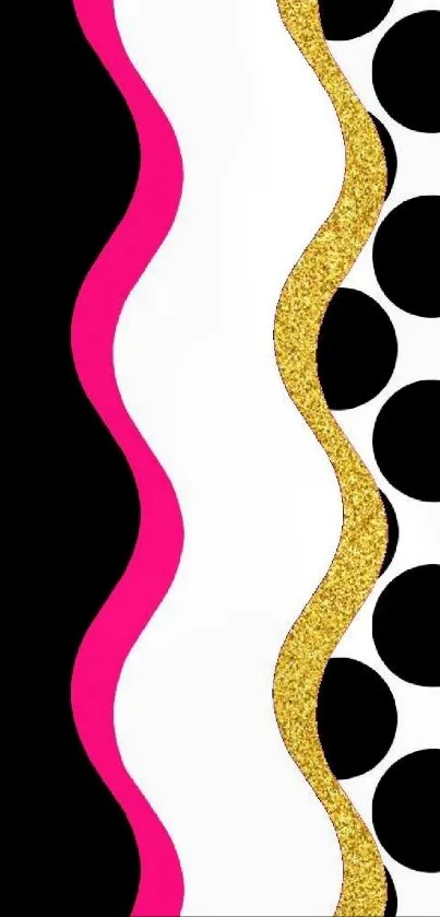 Abstract wallpaper with wavy lines and polka dots in black, pink, and gold.