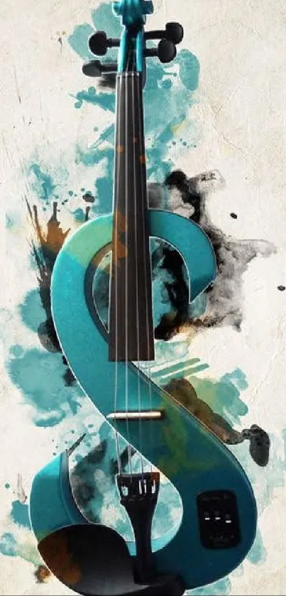 Abstract blue violin art with watercolor splashes.