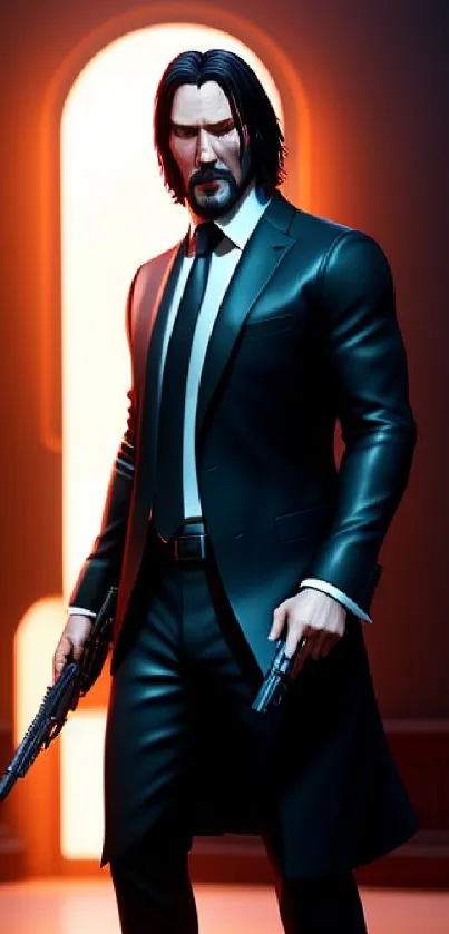 Figure in a suit with intense lighting, holding weapons.