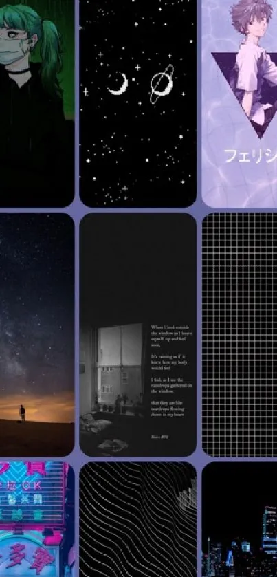 Collage of aesthetic phone wallpapers featuring anime, cityscape, and cosmic themes.