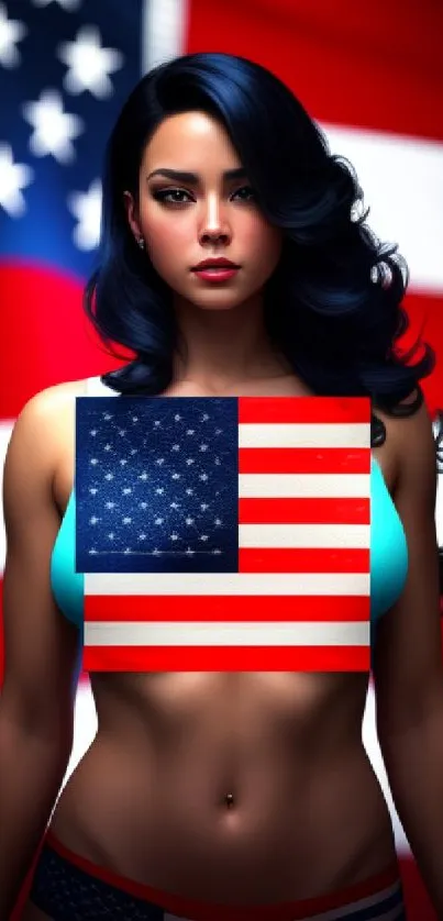 American flag wallpaper featuring a stylish woman with patriotic colors.