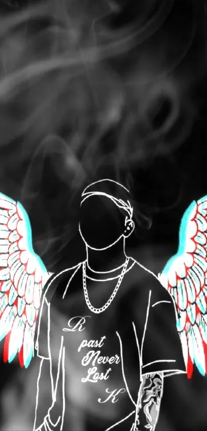 Faceless figure with angel wings on black smoke background.