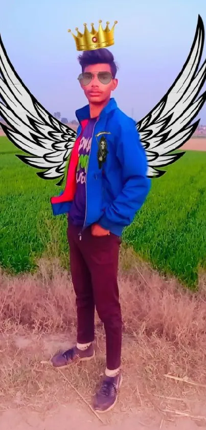 Stylish person with wings in a green field.