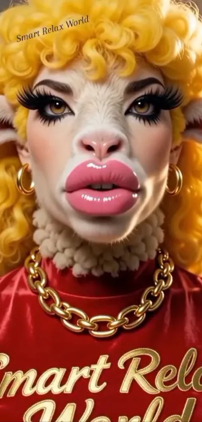 Vibrant cartoon wallpaper with stylish animal character and golden curls.