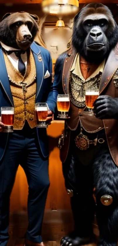 Bear and gorilla in suits, holding drinks, stylish mobile wallpaper.