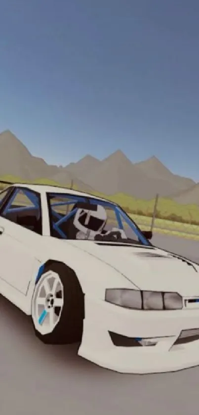 Animated white car with mountains in background.