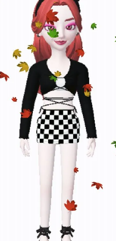 Animated character with black and white fashion, red hair, and stylish design.