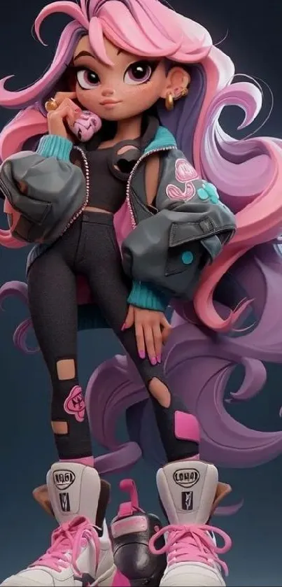 Stylish animated character with pink hair and trendy outfit.