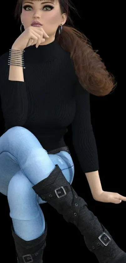 Animated character in stylish black outfit sitting thoughtfully.