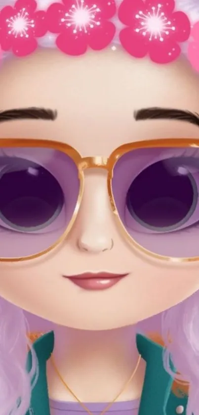 Cartoon girl with purple sunglasses and floral crown.